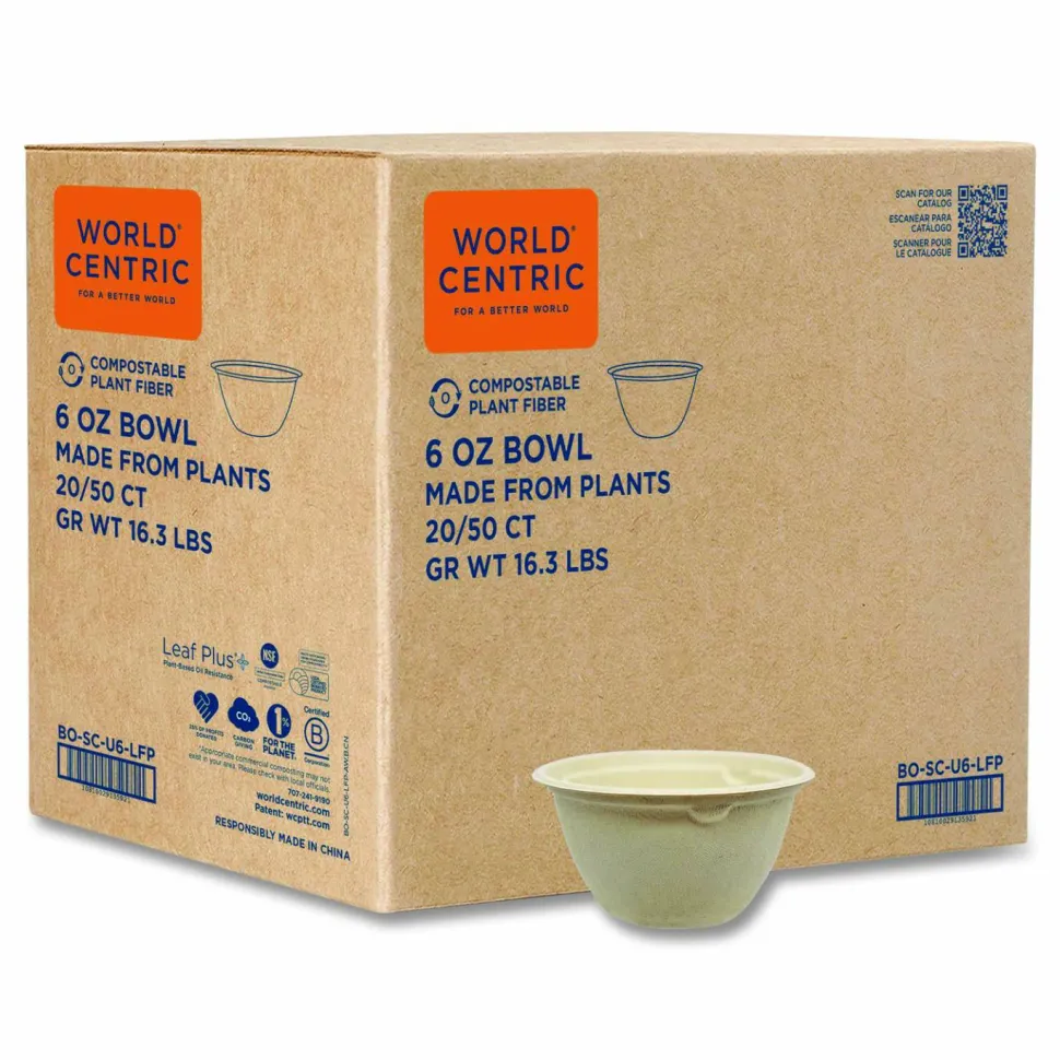 World Centric Fiber Bowls, 6 oz, 3.5 x 3.5 x 2, Natural, Paper, 1,000/Carton