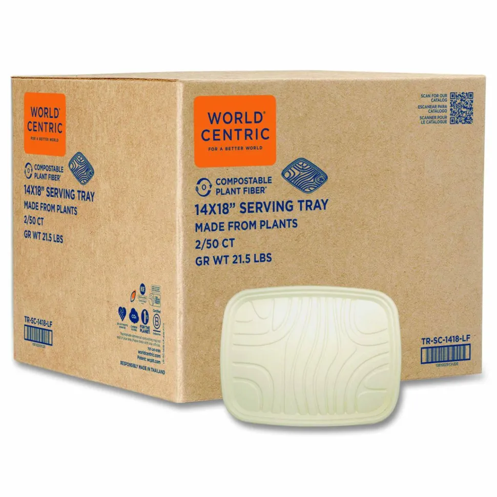 World Centric Fiber Foodservice Trays, PLA Lined, PFAS Free, 18 x 14 x 1, Natural, Paper, 100/Carton