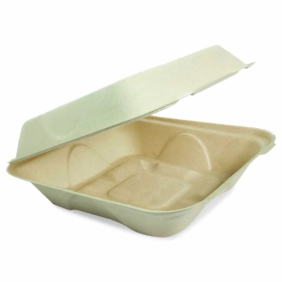 World Centric Fiber Hinged Takeout Containers, 7 x 8.3 x 3.2, Natural, Paper, 300/Carton