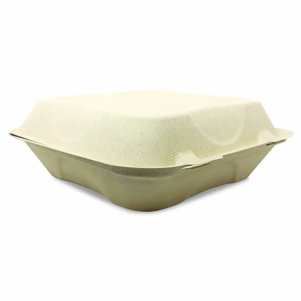 World Centric Fiber Hinged Takeout Containers, 7 x 8.3 x 3.2, Natural, Paper, 300/Carton