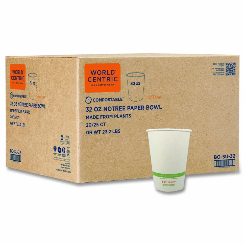World Centric No Tree Paper Bowls, 32 oz, 4.4" Diameter x 5.8"h, Natural, Sugarcane, 500/Carton