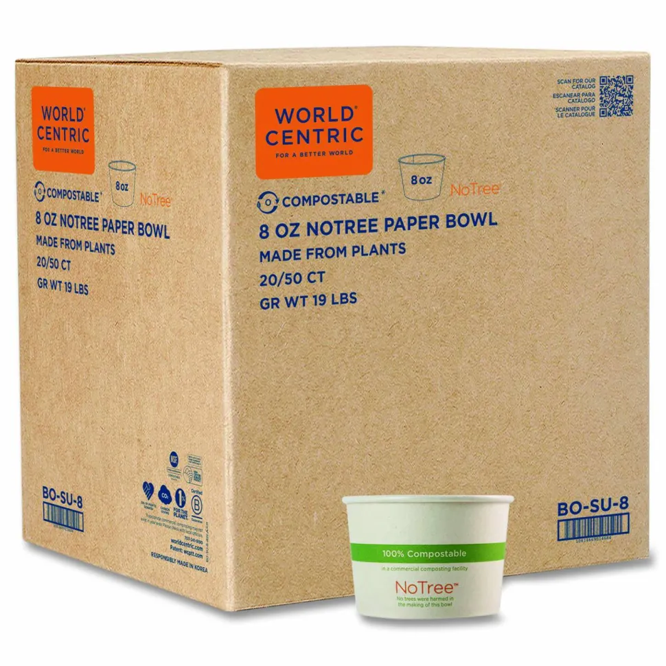 World Centric No Tree Paper Bowls, 8 oz, 3.4" Diameter x 2.3"h, Natural, Sugarcane, 1,000/Carton