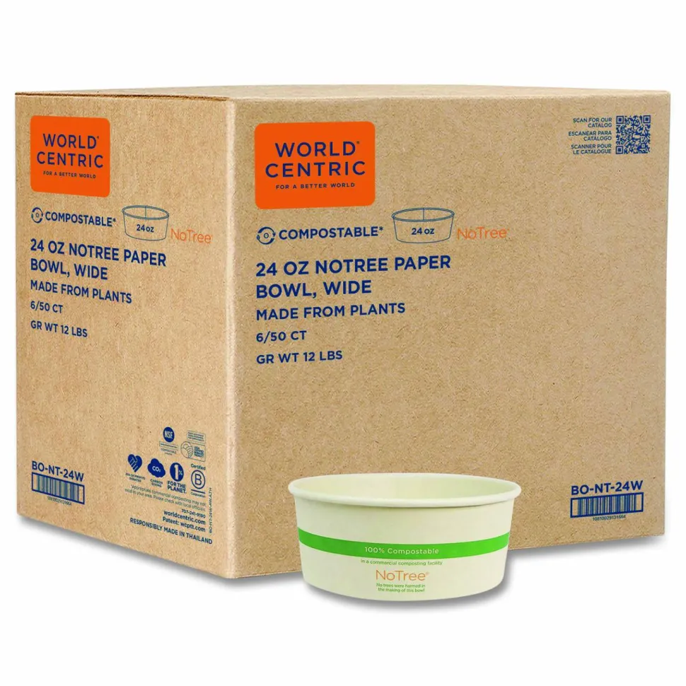 World Centric No Tree Wide Paper Bowls, 24 oz, 5.9" Diameter x 2.4"h, Natural, Sugarcane, 300/Carton