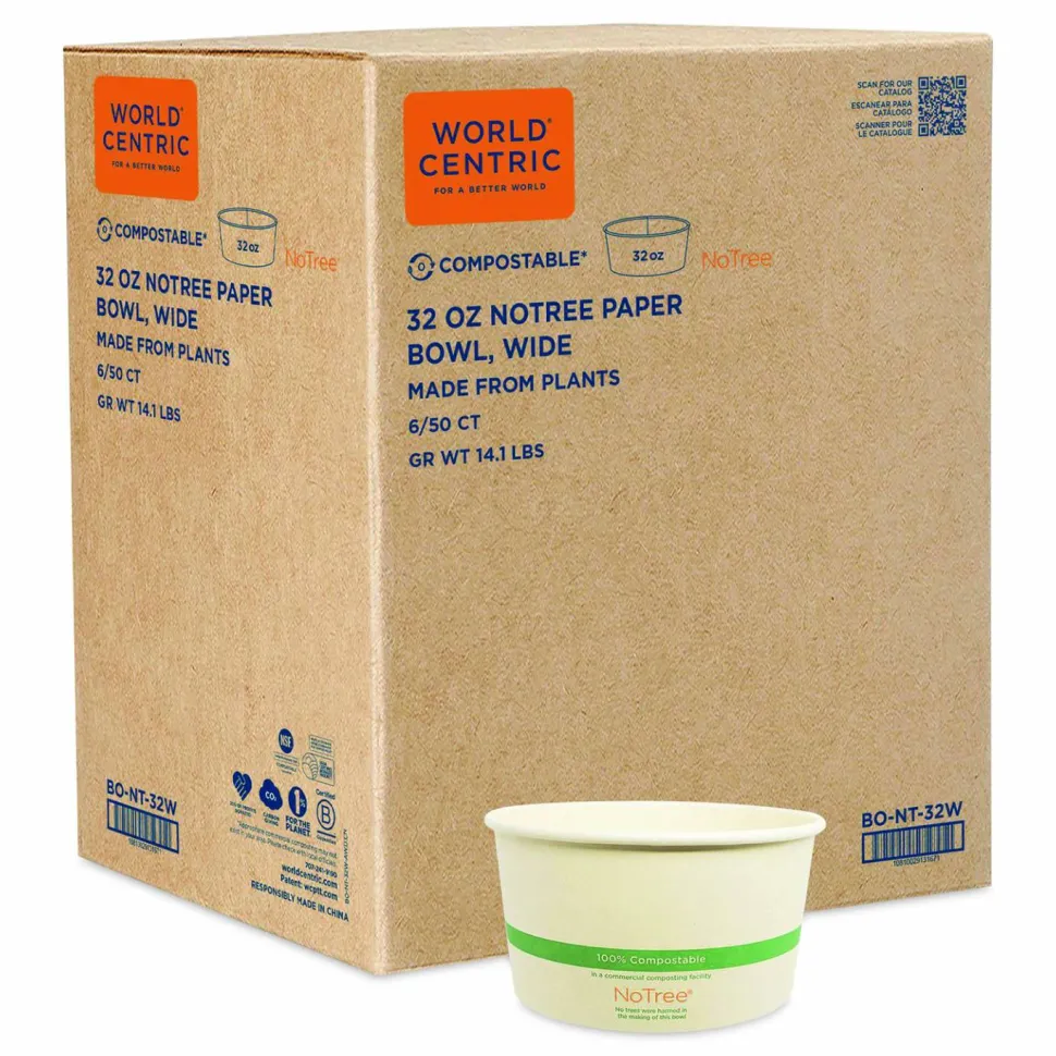 World Centric No Tree Wide Paper Bowls, 32 oz, 5.9" Diameter x 3.1"h, Natural, Sugarcane, 300/Carton