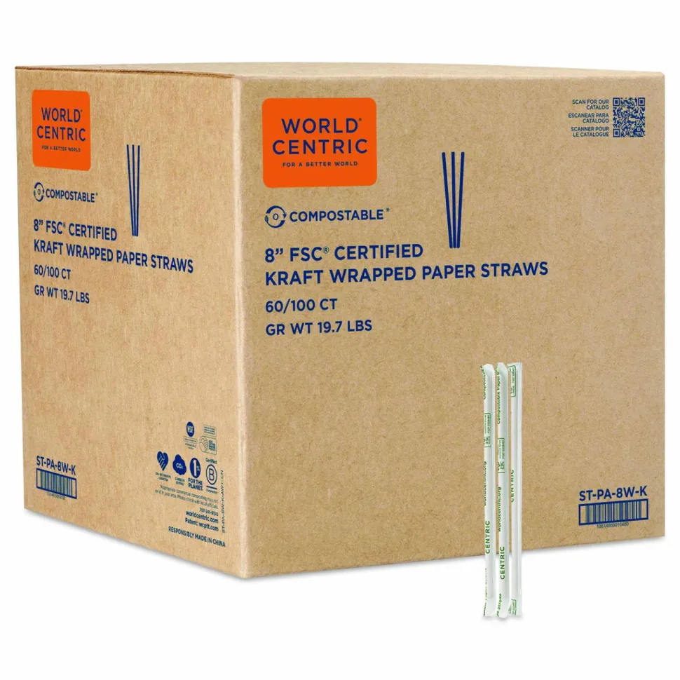 World Centric Sustainable Kraft Paper Straws, Wrapped, 8", Natural, 6,000/Carton