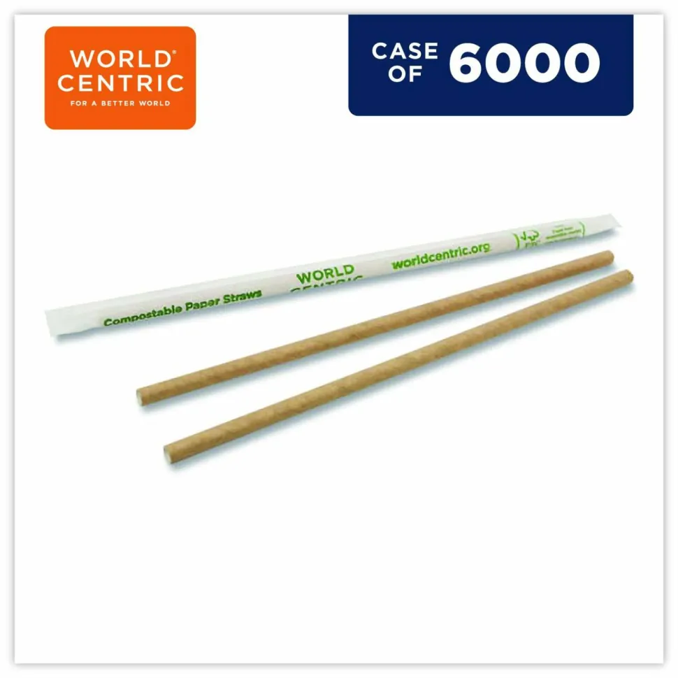 World Centric Sustainable Kraft Paper Straws, Wrapped, 8", Natural, 6,000/Carton