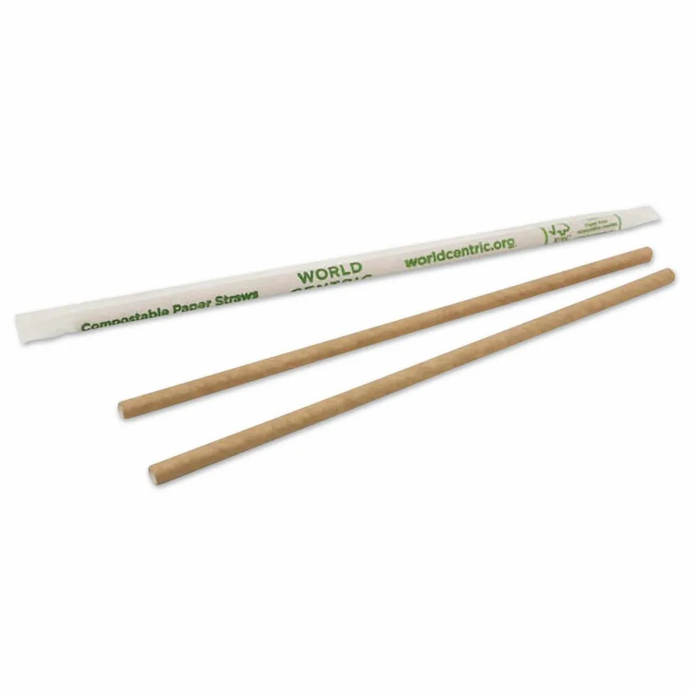 World Centric Sustainable Kraft Paper Straws, Wrapped, 8", Natural, 6,000/Carton