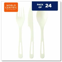 World Centric TPLA Cutlery, Medium Heavyweight, Fork/Knife/Spoon, Plastic, Light Beige, 24/Pack