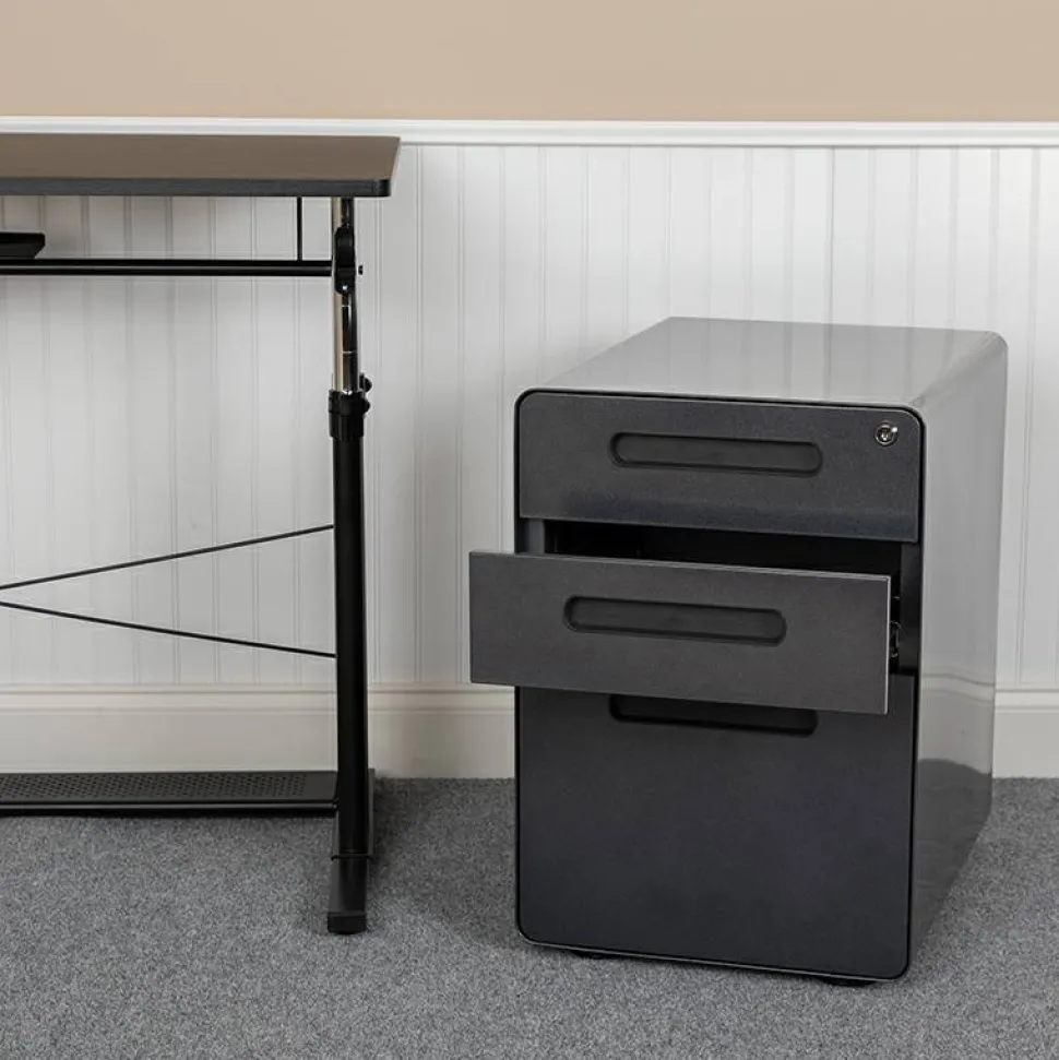 Wren Ergonomic 3-Drawer Mobile Locking Filing Cabinet with Anti-Tilt Mechanism and Hanging Drawer for Legal & Letter Files, Black