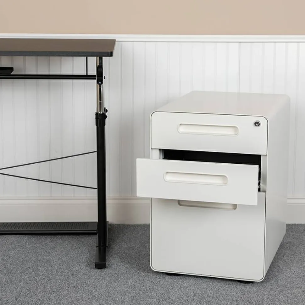 Wren Ergonomic 3-Drawer Mobile Locking Filing Cabinet with Anti-Tilt Mechanism and Hanging Drawer for Legal & Letter Files, White