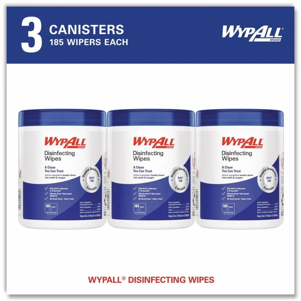 WypAll Disinfecting Wipes, 1-Ply, 5.16 x 8.5, Fresh Scent, White, 185 Sheets/Canister, 3 Canisters/Carton