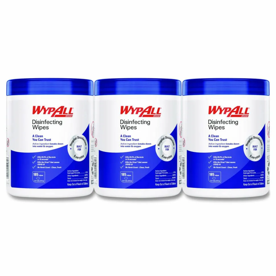 WypAll Disinfecting Wipes, 1-Ply, 5.16 x 8.5, Fresh Scent, White, 185 Sheets/Canister, 3 Canisters/Carton