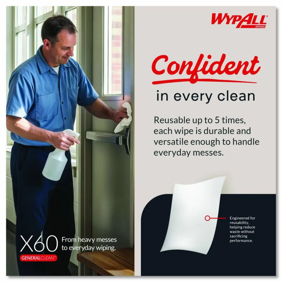 WypAll General Clean X60 Cloths, Small Roll, 9.8 x 13.4, White, 130/Roll, 12 Rolls/Carton