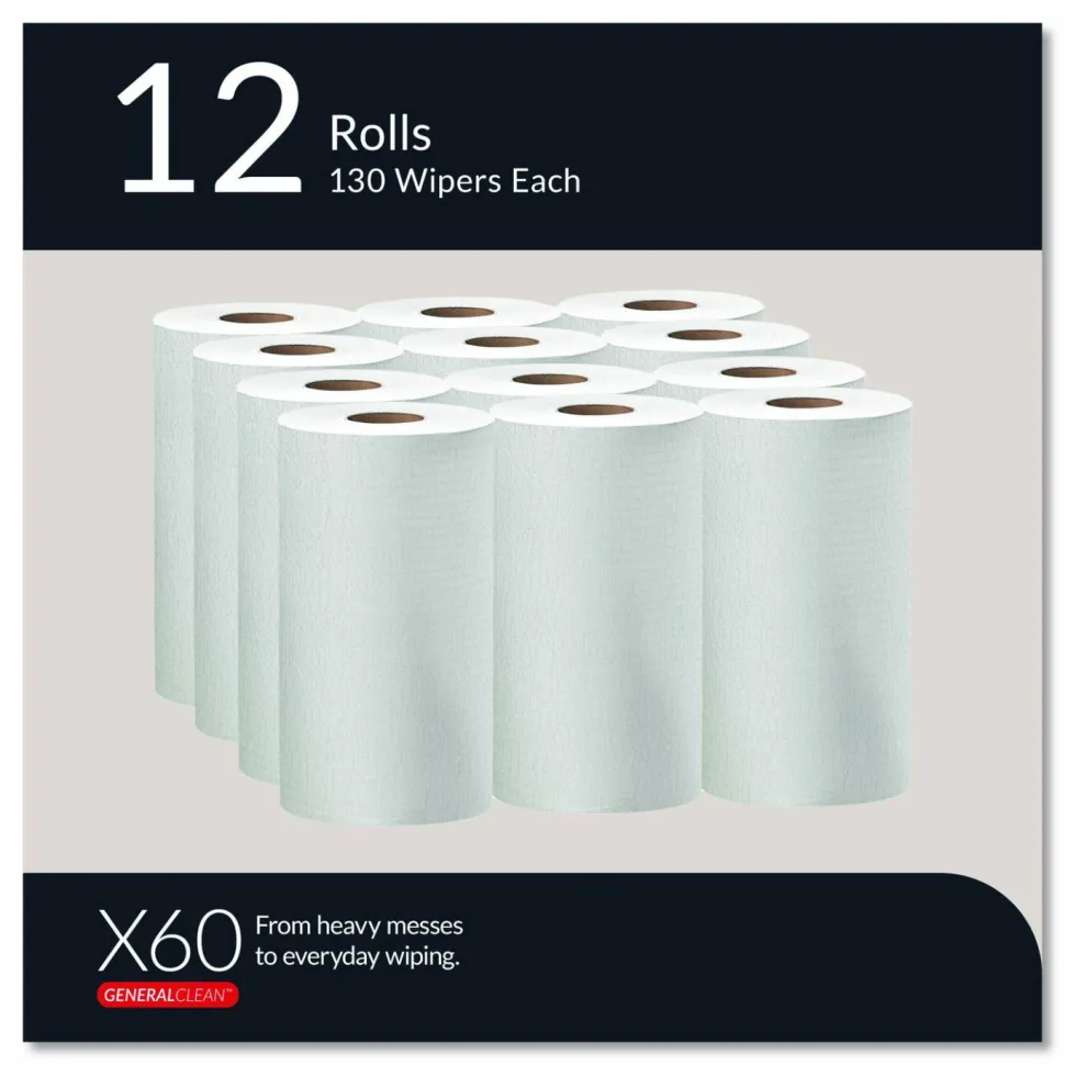 WypAll General Clean X60 Cloths, Small Roll, 9.8 x 13.4, White, 130/Roll, 12 Rolls/Carton