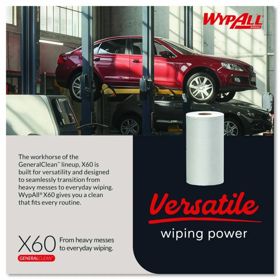 WypAll General Clean X60 Cloths, Small Roll, 9.8 x 13.4, White, 130/Roll, 12 Rolls/Carton