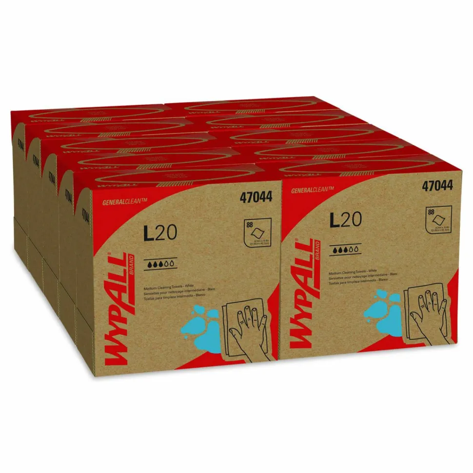 WypAll L20 Towels, POP-UP Box, 4-Ply, 9.1 x 16.8, Unscented, White, 88/Box, 10 Boxes/Carton