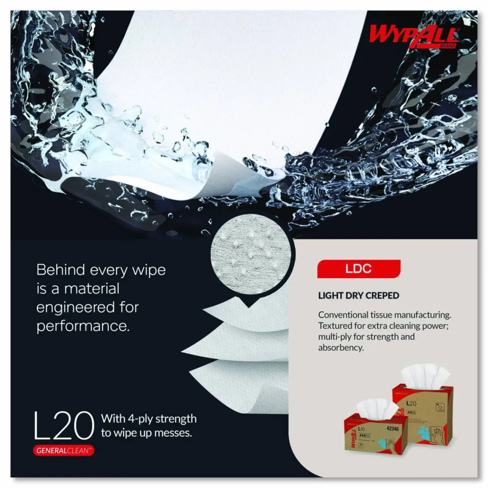 WypAll L20 Towels, POP-UP Box, 4-Ply, 9.1 x 16.8, Unscented, White, 88/Box, 10 Boxes/Carton
