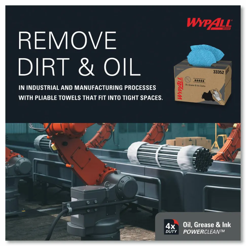 WypAll Power Clean Oil, Grease and Ink Cloths, BRAG Box, 12.1 x 16.8, Blue, 180/Box