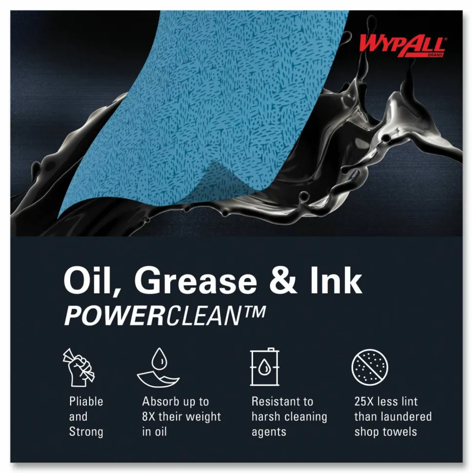 WypAll Power Clean Oil, Grease and Ink Cloths, BRAG Box, 12.1 x 16.8, Blue, 180/Box