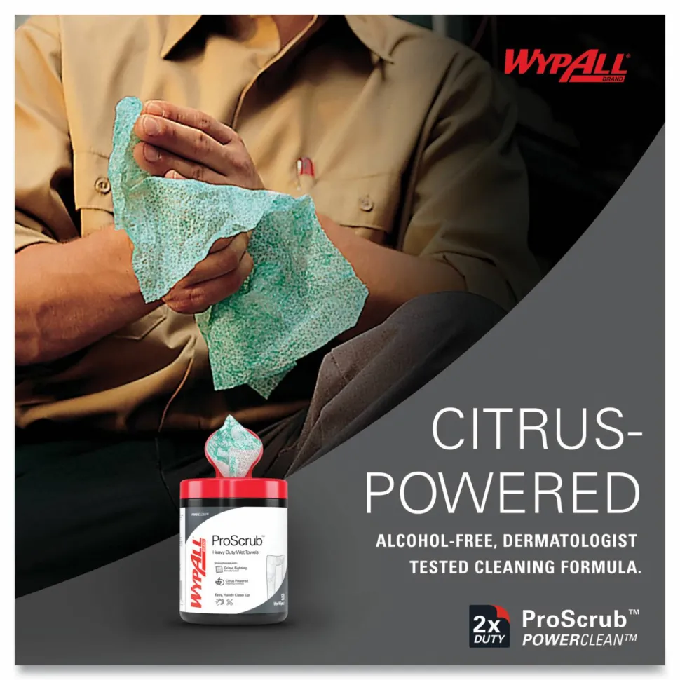 WypAll Power Clean ProScrub Pre-Saturated Wipes, 9.5 x 12, Citrus Scent, Green, 75/Bucket, 6 Buckets/Carton