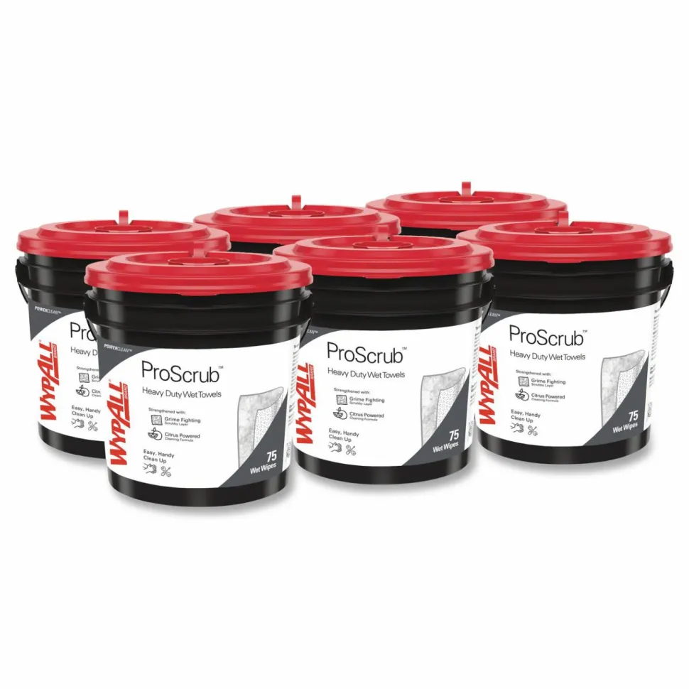 WypAll Power Clean ProScrub Pre-Saturated Wipes, 9.5 x 12, Citrus Scent, Green, 75/Bucket, 6 Buckets/Carton