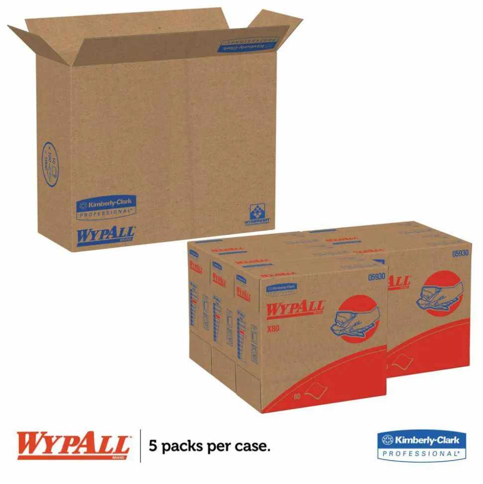 WypAll Power Clean X80 Heavy Duty Cloths, HYDROKNIT, POP-UP Box, 8.34 x 16.8, Red, 76/Box, 5 Box/Carton