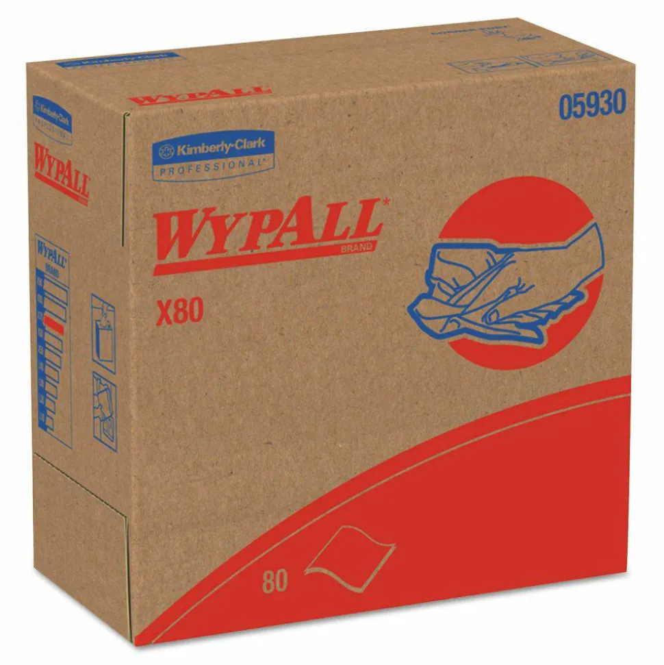 WypAll Power Clean X80 Heavy Duty Cloths, HYDROKNIT, POP-UP Box, 8.34 x 16.8, Red, 76/Box, 5 Box/Carton