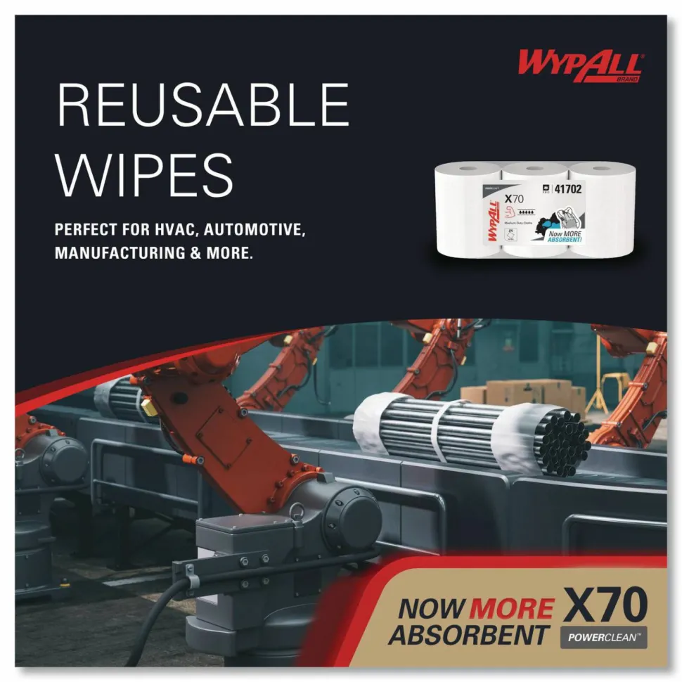 WypAll X70 Cloths, Center-Pull, 9.8 x 12.2, White, 275/Roll, 3 Rolls/Carton