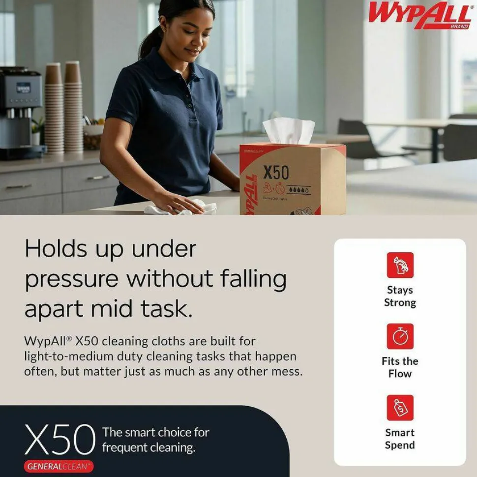 WypAll X50 Cloths, 1/4 Fold, 12.5 x 10, White, 26/Pack, 32 Packs/Carton