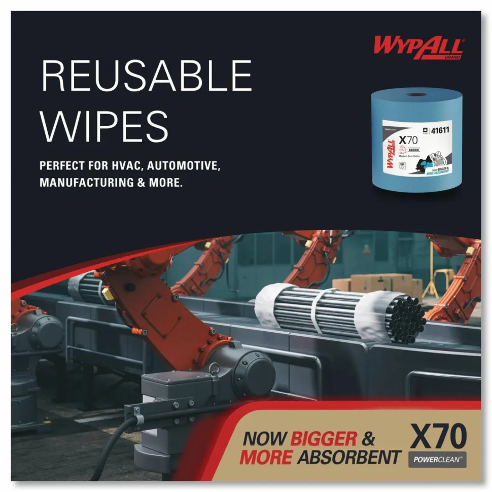 WypAll X70 Cloths, Jumbo Roll, 12.4 x 12.2, Blue, 820/Roll