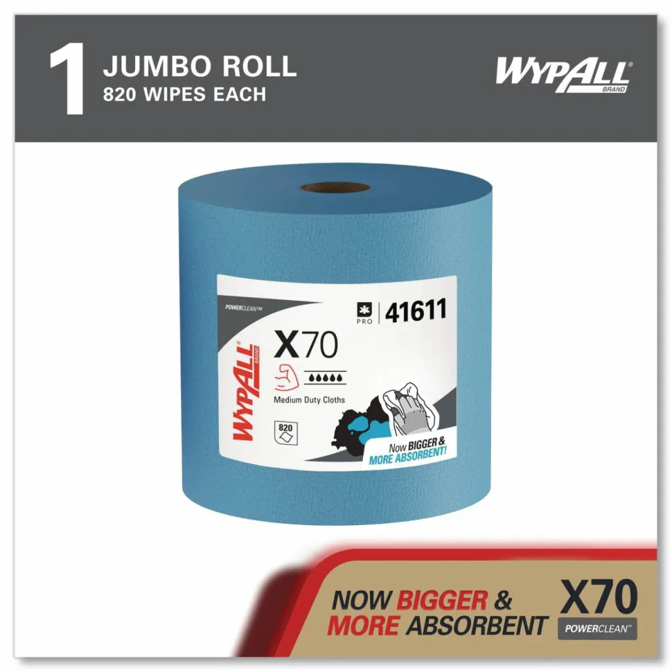 WypAll X70 Cloths, Jumbo Roll, 12.4 x 12.2, Blue, 820/Roll