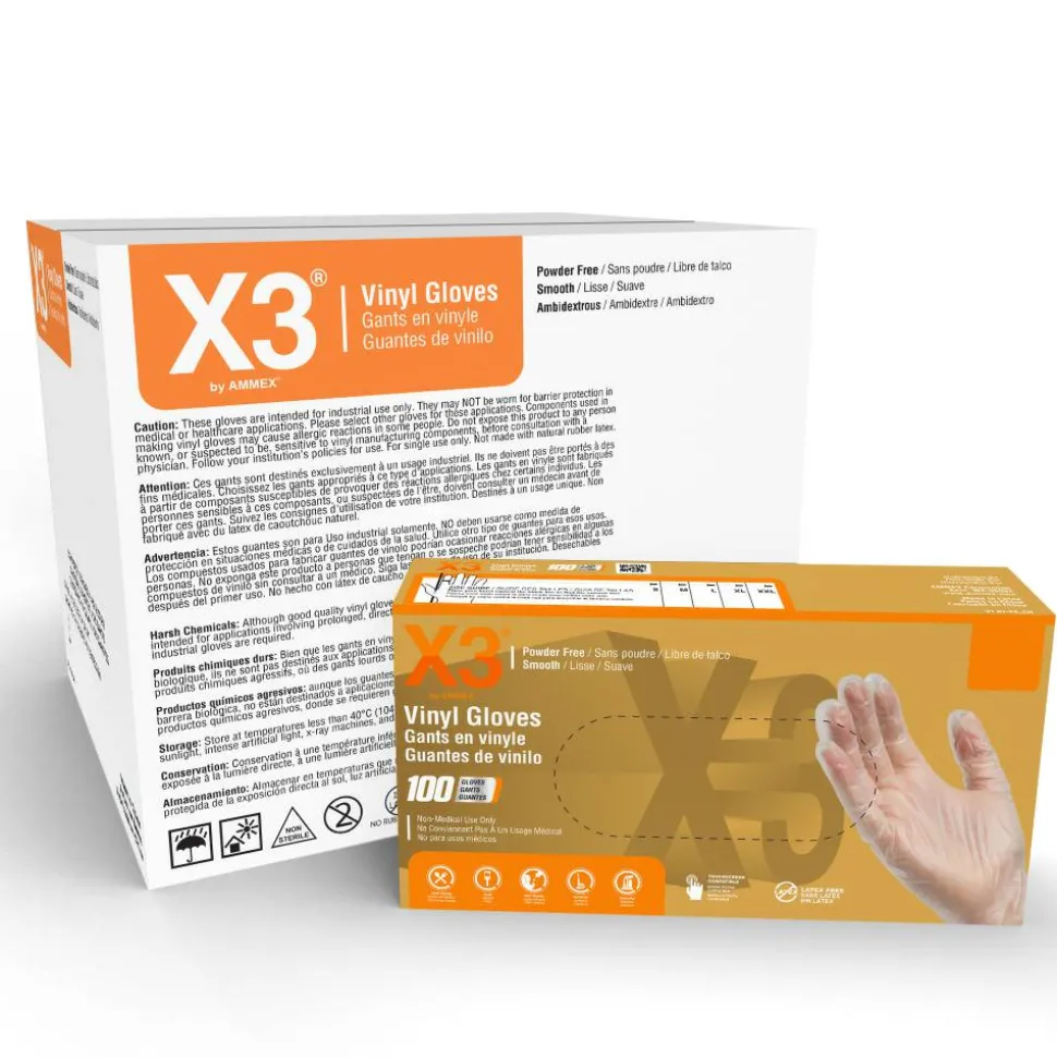 X3 Vinyl Powder-Free Industrial Gloves, Large, Clear, 100 Gloves Per Pack