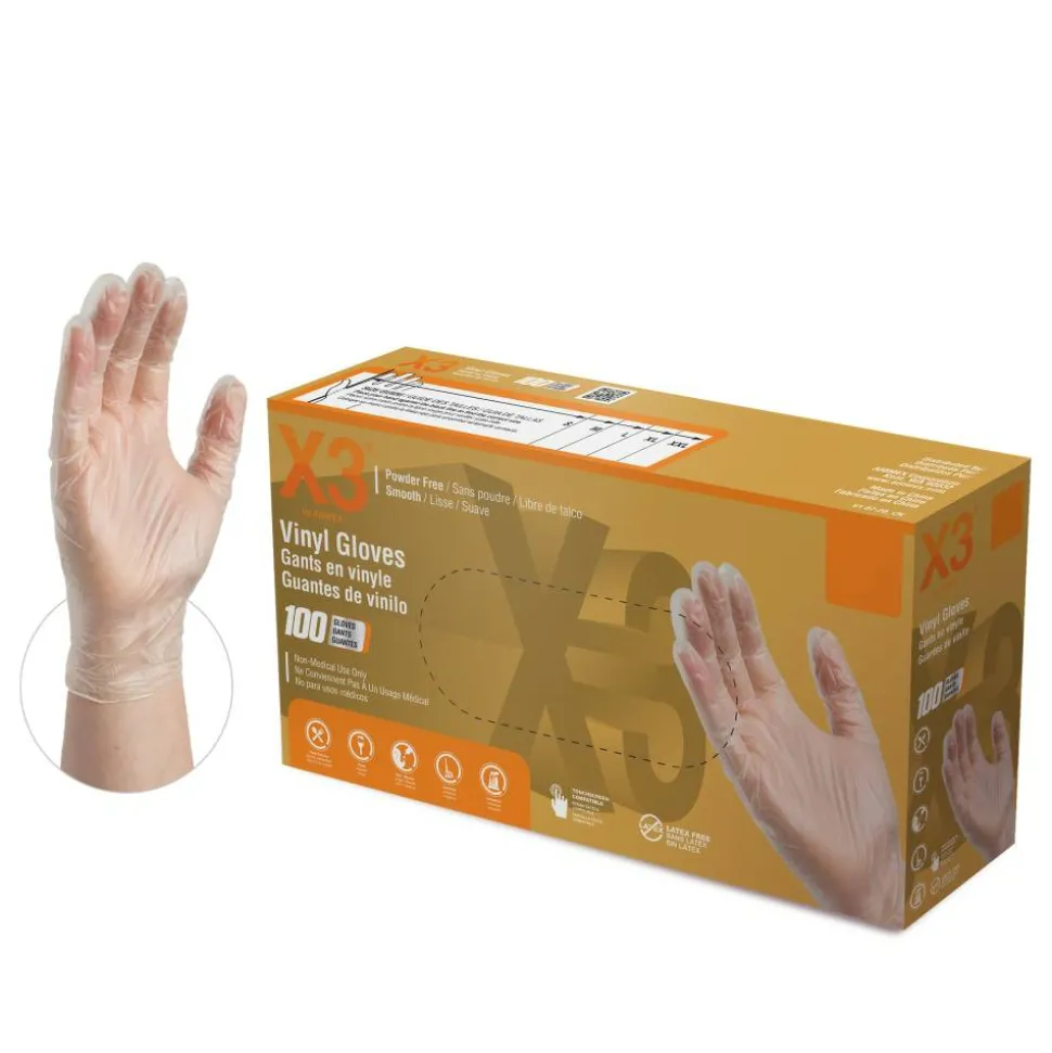 X3 Vinyl Powder-Free Industrial Gloves, Large, Clear, 100 Gloves Per Pack