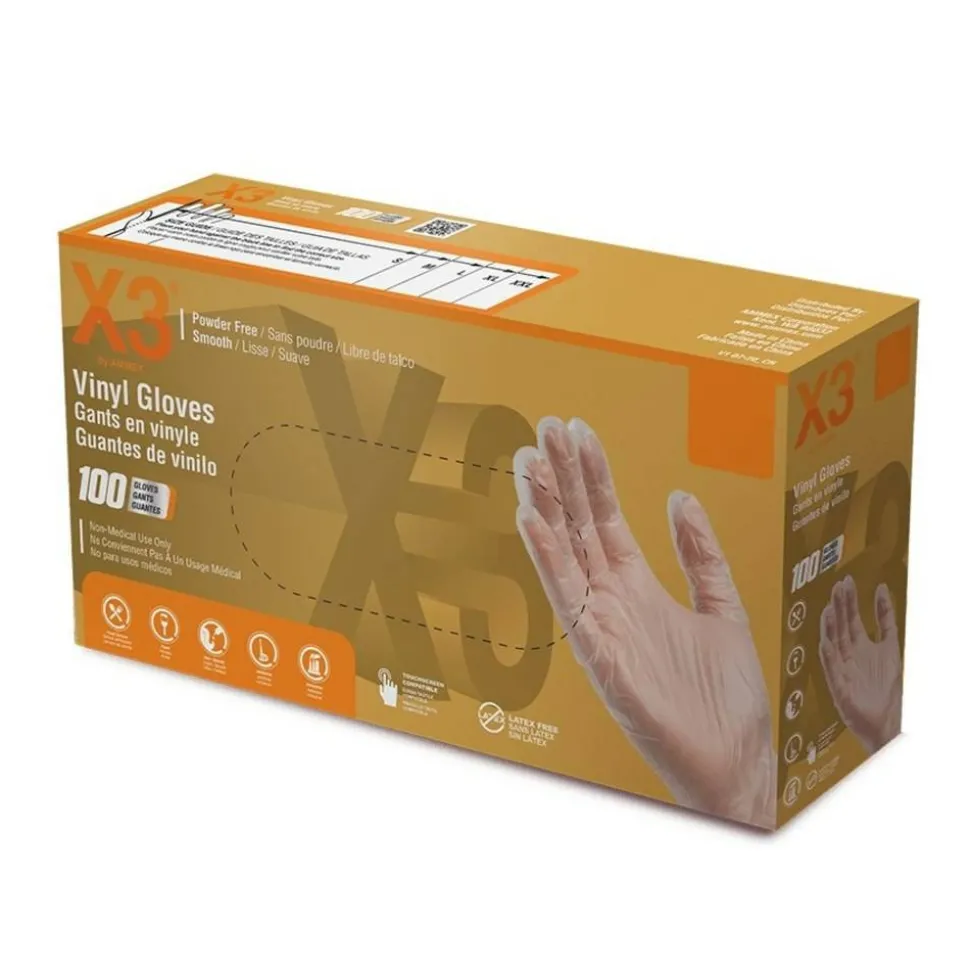 X3 Vinyl Powder-Free Industrial Gloves, XL, Clear, 100 Gloves Per Pack