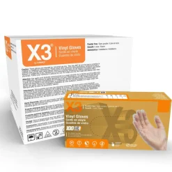 X3 Vinyl Powder-Free Industrial Gloves, XL, Clear, 100 Gloves Per Pack