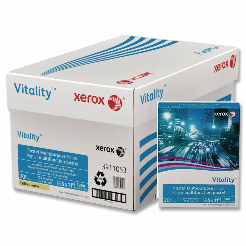 Xerox Vitality Colors Multi-Use Printer & Copy Paper, 1 Ream, Yellow, Letter (8.5" x 11"), 500 Sheets Per Ream, 20 Lb, 30% Recycled