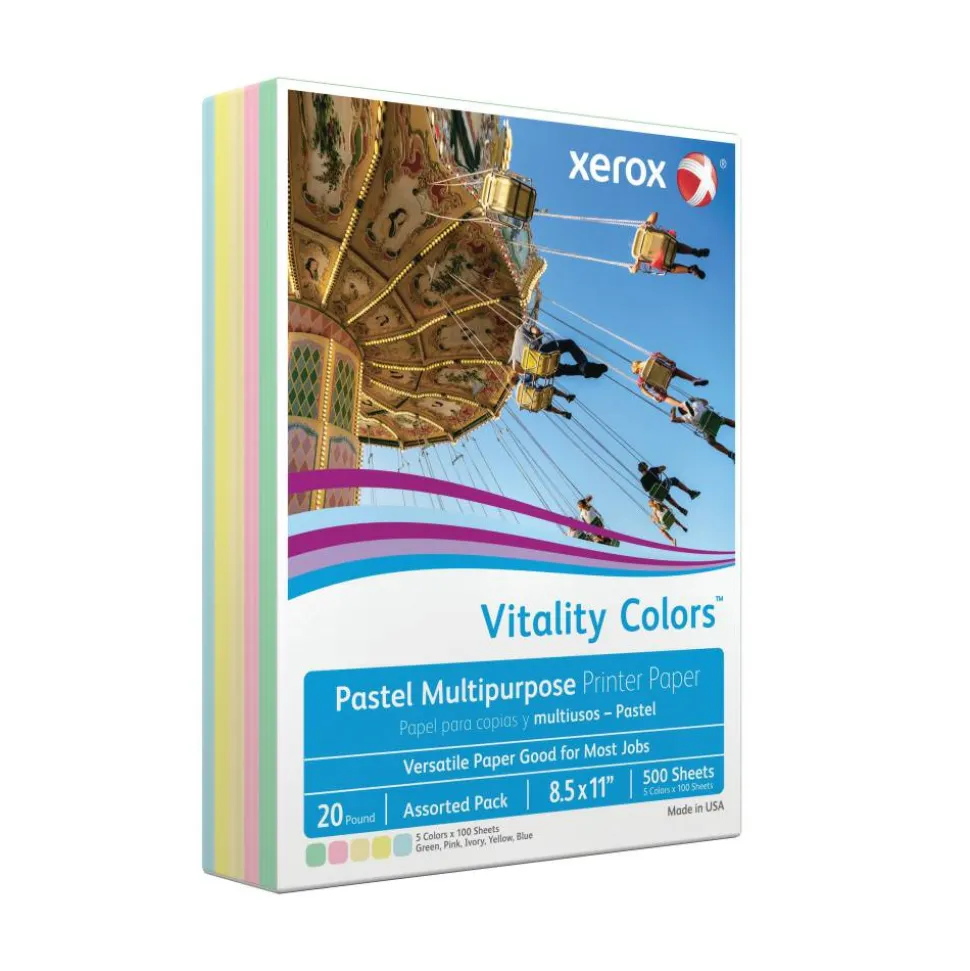 Xerox Vitality Colors Multi-Use Printer & Copy Paper, 1 Ream, Assorted Pastels, Letter (8.5" x 11"), 500 Sheets Per Ream, 20 Lb, 30% Recycled