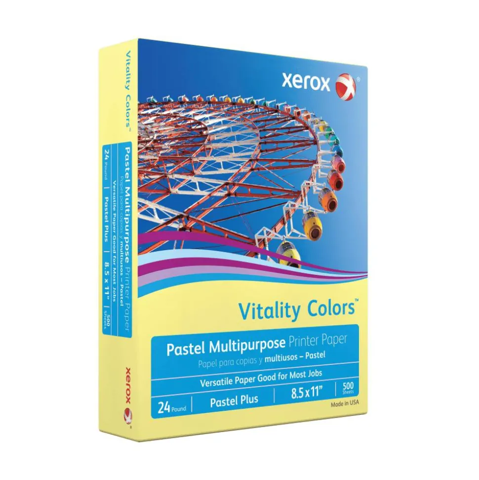 Xerox Vitality Colors Pastel Plus Color Multi-Use Printer & Copy Paper, 1 Ream, Yellow, Letter (8.5" x 11"), 500 Sheets Per Ream, 24 Lb, 30% Recycled