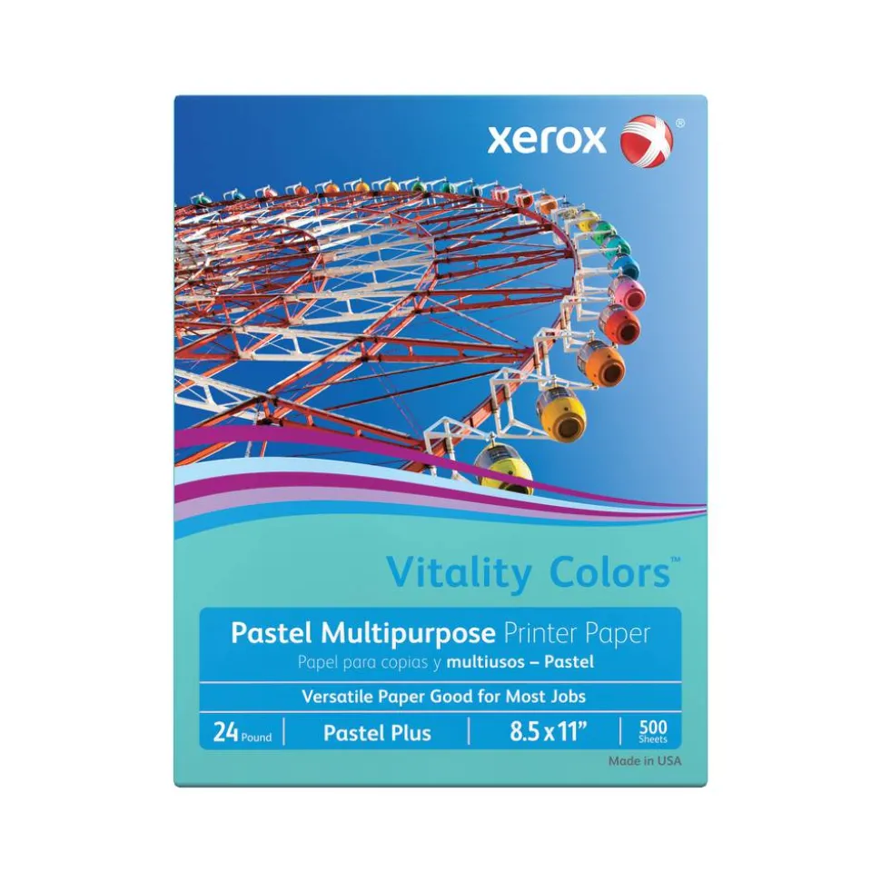 Xerox Vitality Colors Pastel Plus Color Multi-Use Printer & Copy Paper, 1 Ream, Aqua, Letter (8.5" x 11"), 500 Sheets Per Ream, 24 Lb, 30% Recycled