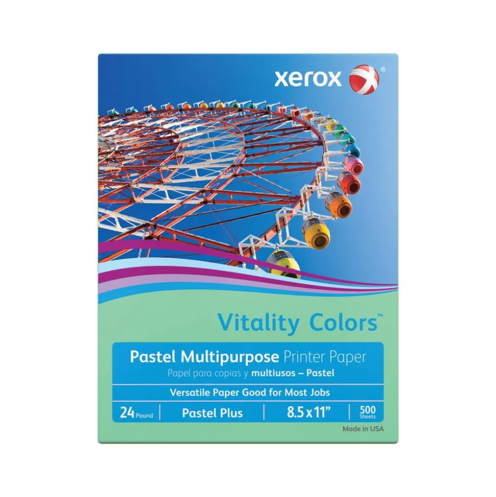 Xerox Vitality Colors Pastel Plus Color Multi-Use Printer & Copy Paper, 1 Ream, Green, Letter (8.5" x 11"), 500 Sheets Per Ream, 24 Lb, 30% Recycled