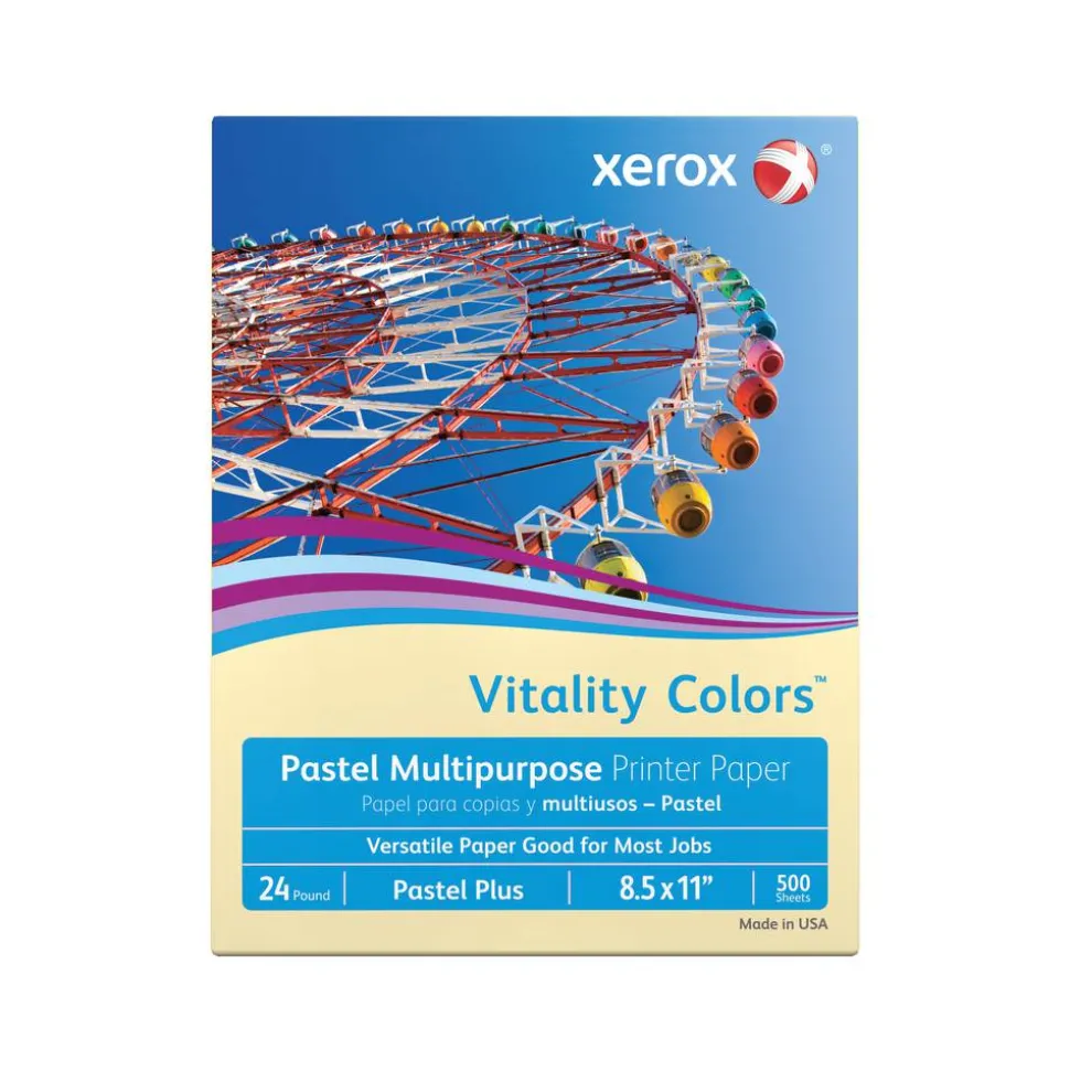 Xerox Vitality Colors Pastel Plus Color Multi-Use Printer & Copy Paper, 1 Ream, Ivory, Letter (8.5" x 11"), 500 Sheets Per Ream, 24 Lb, 30% Recycled