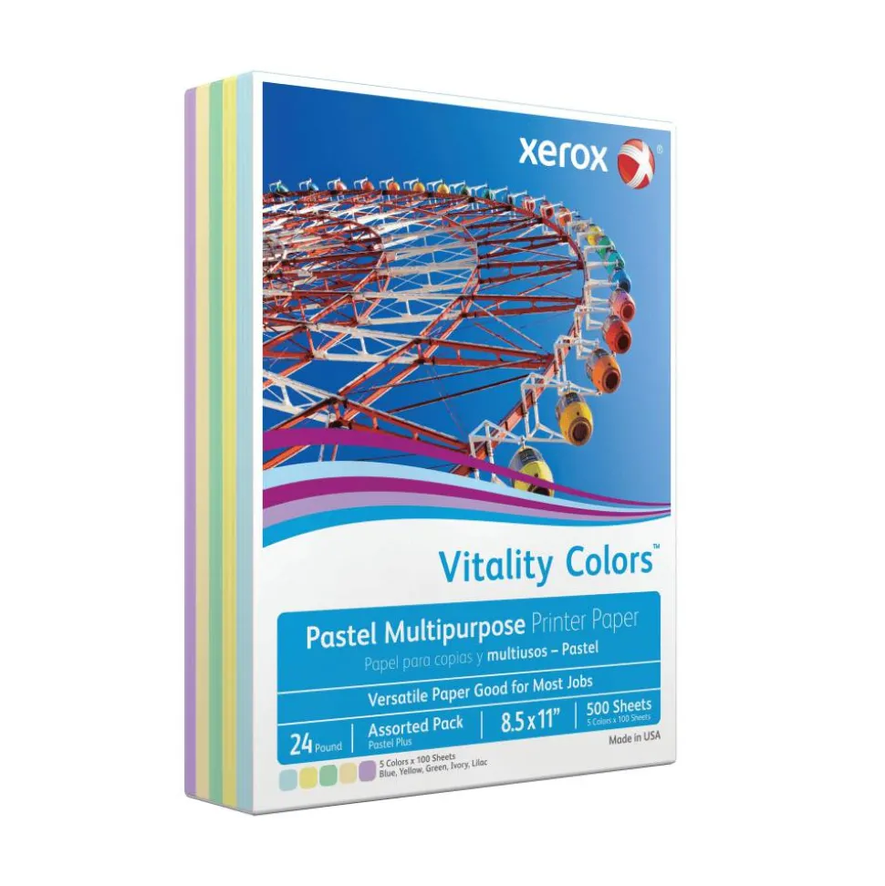 Xerox Vitality Colors Pastel Plus Color Multi-Use Printer & Copy Paper, 1 Ream, Assorted, Letter (8.5" x 11"), 500 Sheets/Ream, 24 Lb