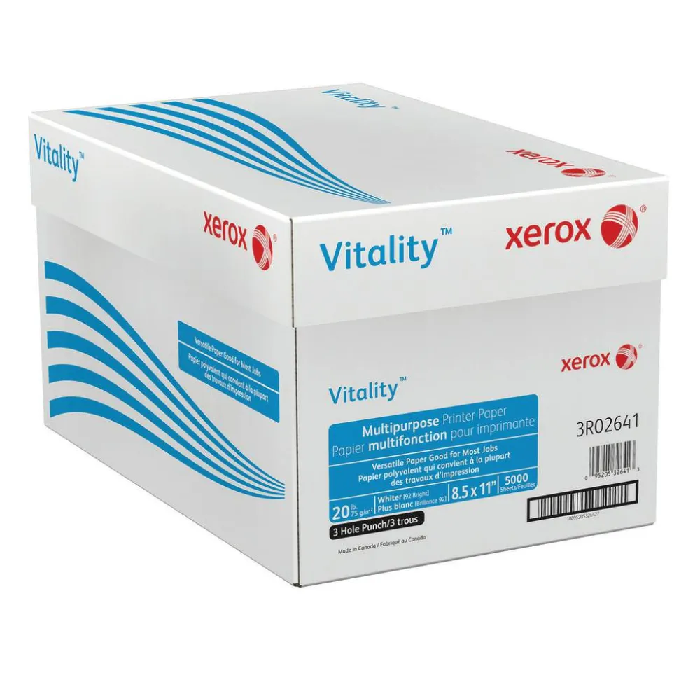 Xerox Vitality 3-Hole Punched Multi-Use Printer & Copy Paper, White, Letter (8.5" x 11"), 5000 Sheets Per Case, 20 Lb, 92 Brightness, FSC Certified