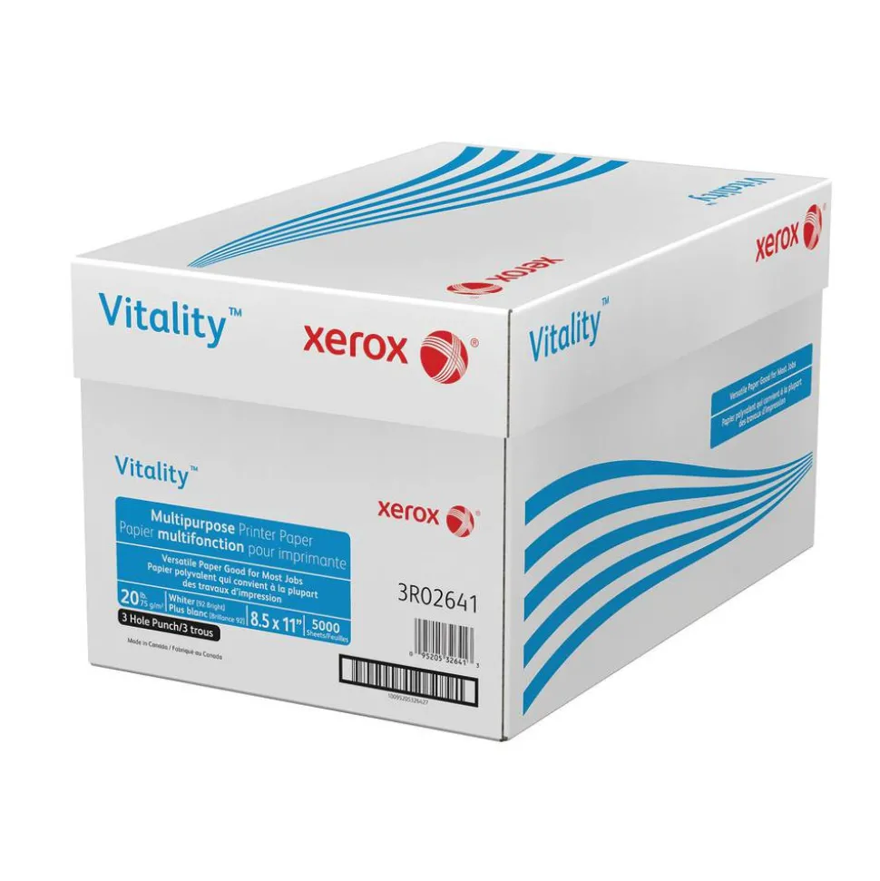 Xerox Vitality 3-Hole Punched Multi-Use Printer & Copy Paper, White, Letter (8.5" x 11"), 5000 Sheets Per Case, 20 Lb, 92 Brightness, FSC Certified
