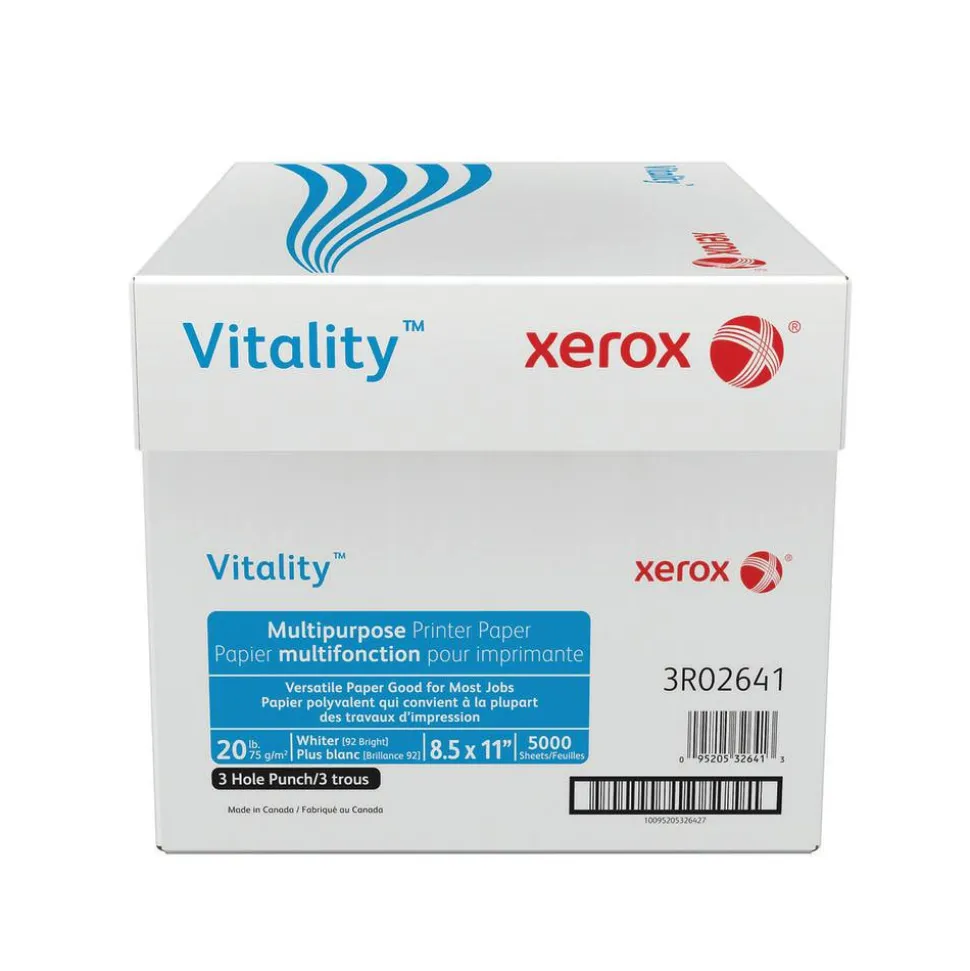 Xerox Vitality 3-Hole Punched Multi-Use Printer & Copy Paper, White, Letter (8.5" x 11"), 5000 Sheets Per Case, 20 Lb, 92 Brightness, FSC Certified