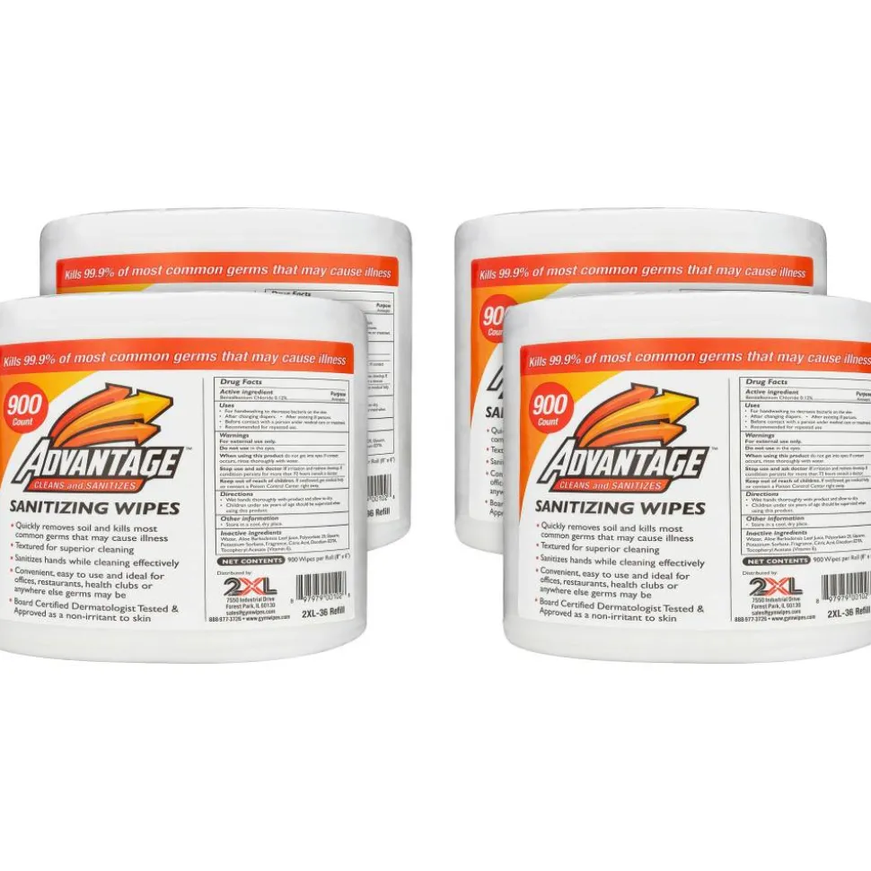 2XL GymWipes Advantage All Surface One-Step Cleaner Refills, 8" x 9", 900 Wipes Per Roll, Carton Of 4
