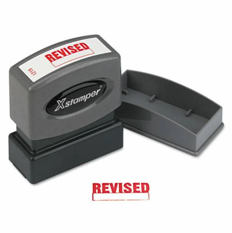 Xstamper One-Color Title Stamp, Pre-Inked, "Revised", Red