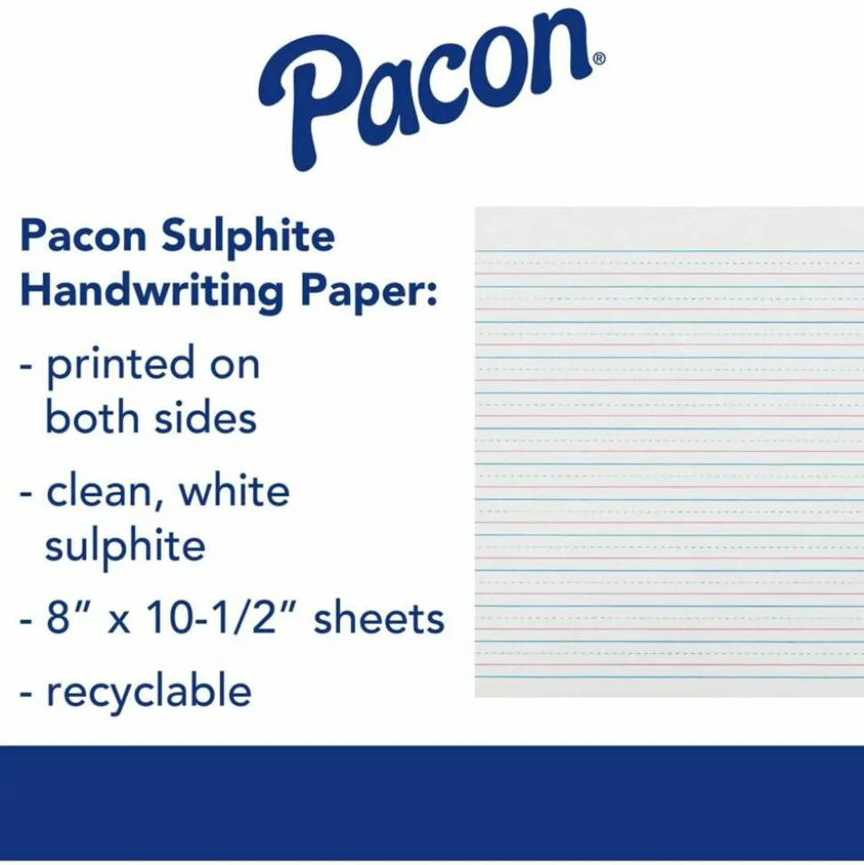 Zaner-Bloser Pacon Broken Midline Sulphite Paper - 500 Sheets - 0.50" Ruled - 8" x 10 1/2" Sheet Size - White Paper - 500 / Ream