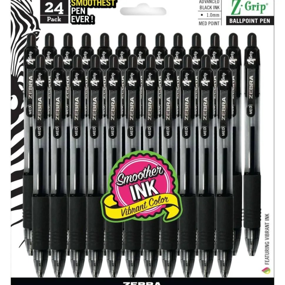 Zebra Pen Z-Grip Retractable Ballpoint Pens, Pack Of 24, Medium Point, 1.0 mm, Clear Barrel, Black Ink