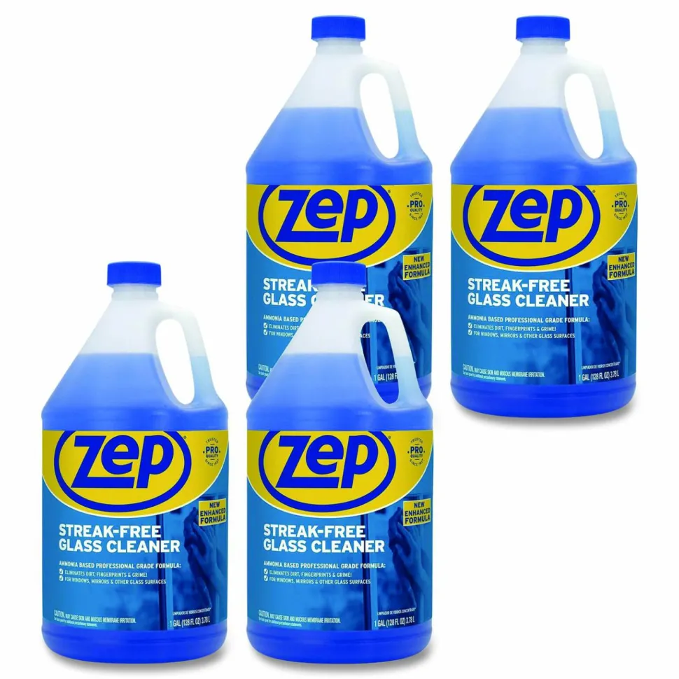 Zep Streak-Free Liquid Glass Cleaner, 128 Oz Bottle, Blue, Box Of 4